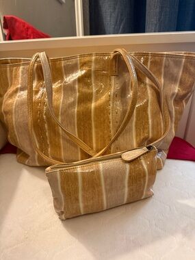 Striped Tan & Cream Tote Bag with Matching Pouch